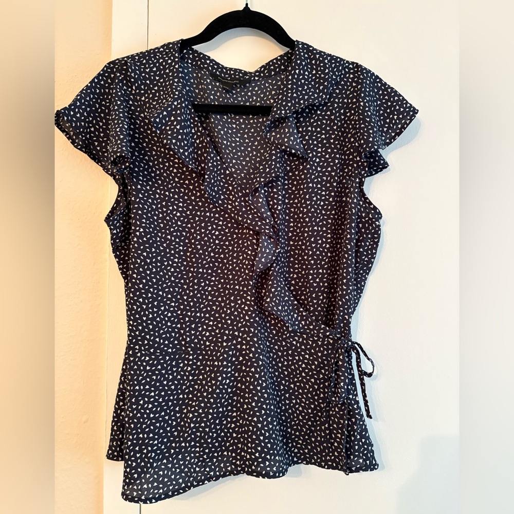Banana Republic Blue and White Ruffled Wrap Blouse